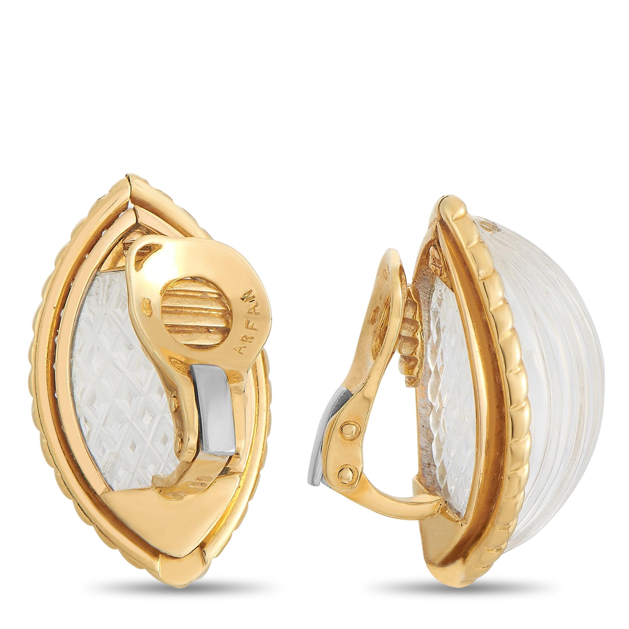 There’s something magical about these classic Arfan earrings. At the center, you’ll find a semi-translucent rock crystal with a textured finish. It’s surrounded by a halo of opulent 18K Yellow Gold, which perfectly frames each intricate gemstone.
