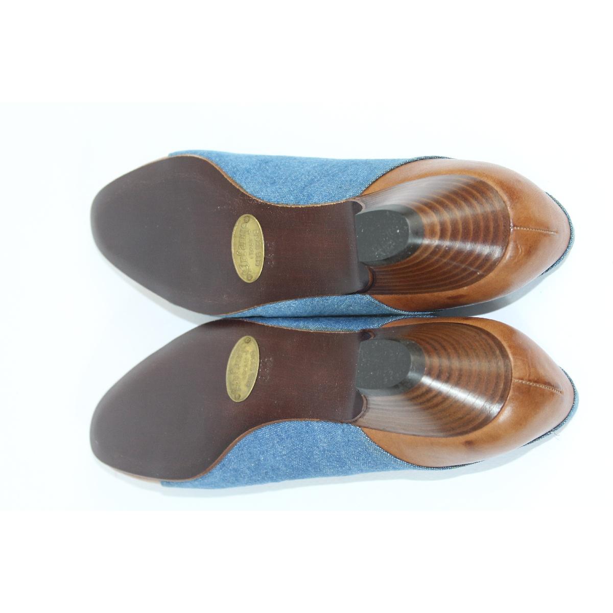 Arfango Blue Brown Leather Jeans Heel Shoes For Sale at 1stDibs