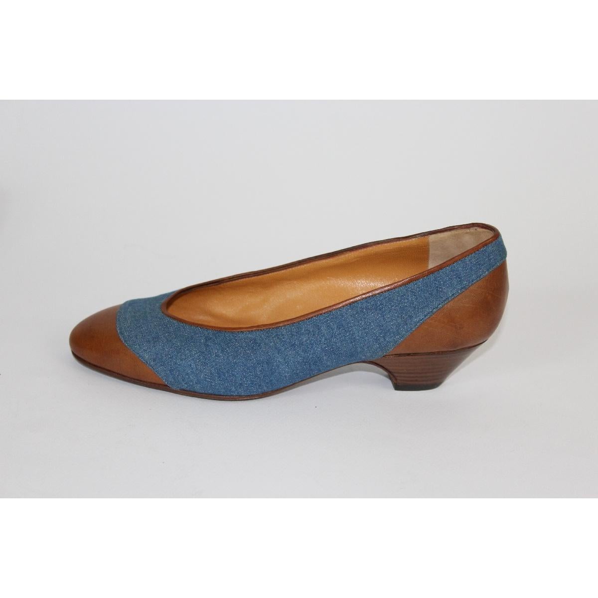 Arfango Blue Brown Leather Jeans Heel Shoes In New Condition For Sale In Brindisi, Bt