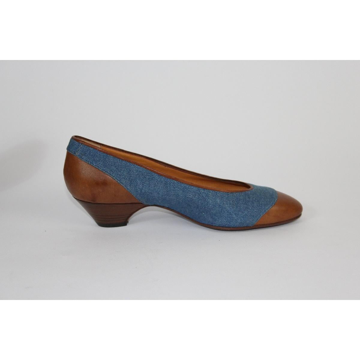 Women's Arfango Blue Brown Leather Jeans Heel Shoes For Sale