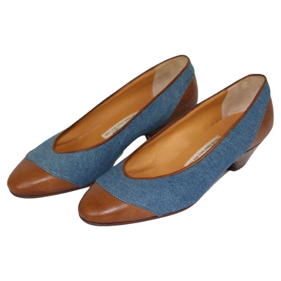 Arfango Blue Brown Leather Jeans Heel Shoes For Sale