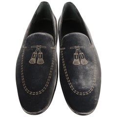 ARFANGO Size 11.5 Navy Tassel Print Velvet Loafers