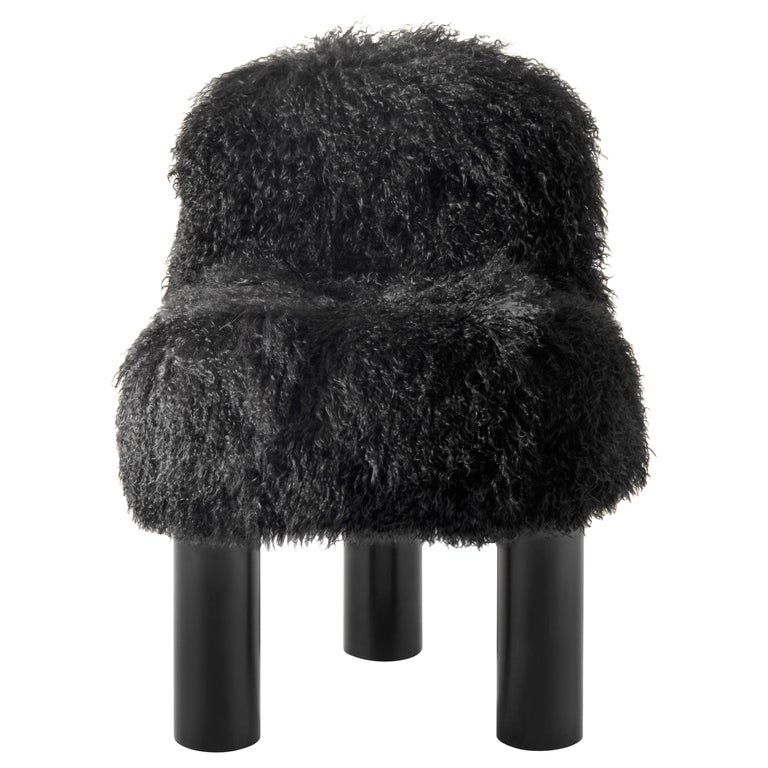 Arflex Botolo High Back Armchair in Black Fur and Black Metal Legs