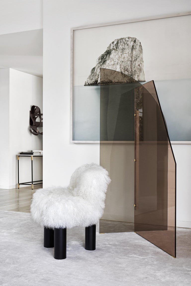 Arflex Botolo High Back Armchair in Natural Fur and Black Metal