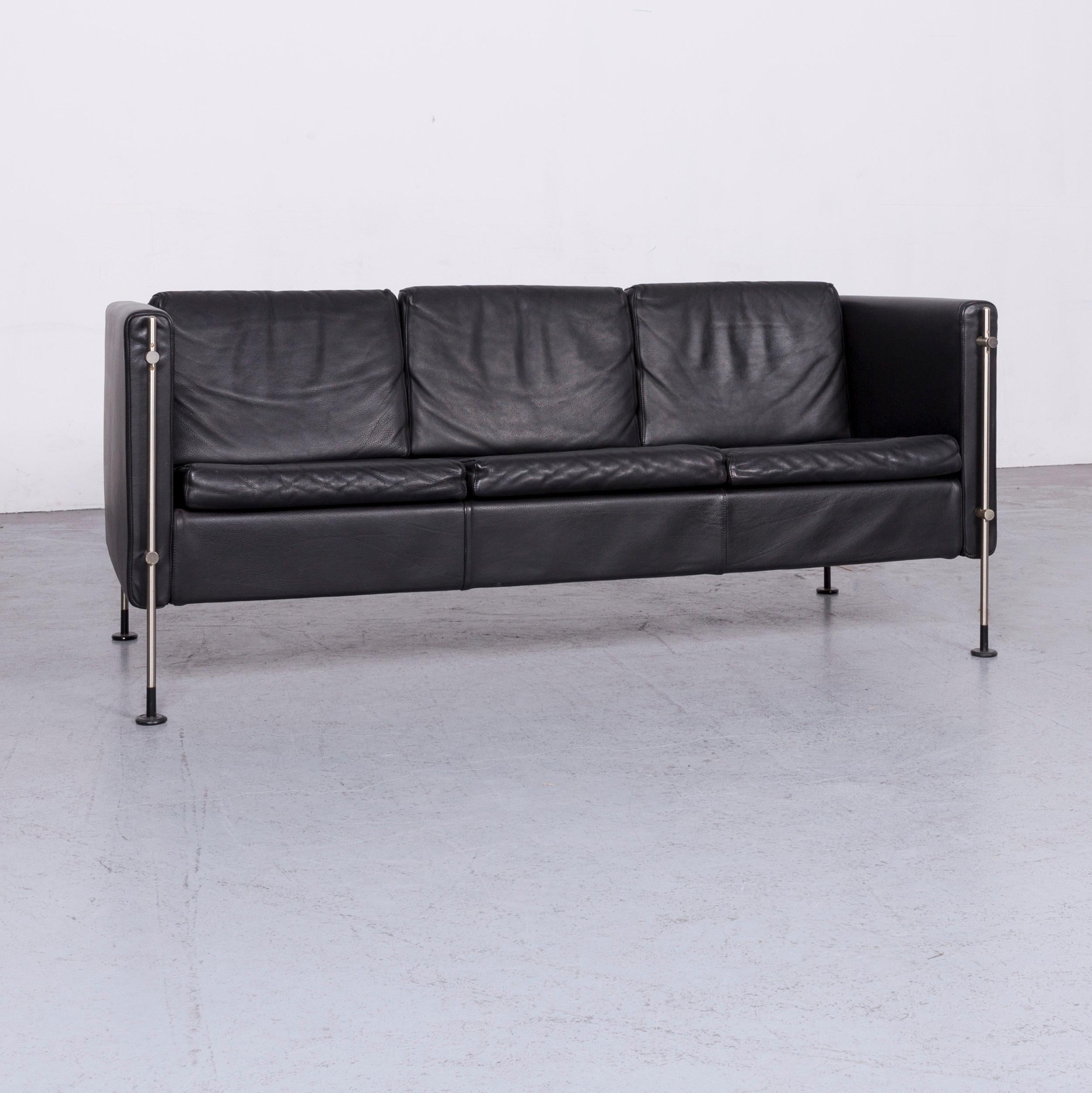 Chesterfield Arflex Felix Leather Sofa Black Three-Seat Chair For Sale