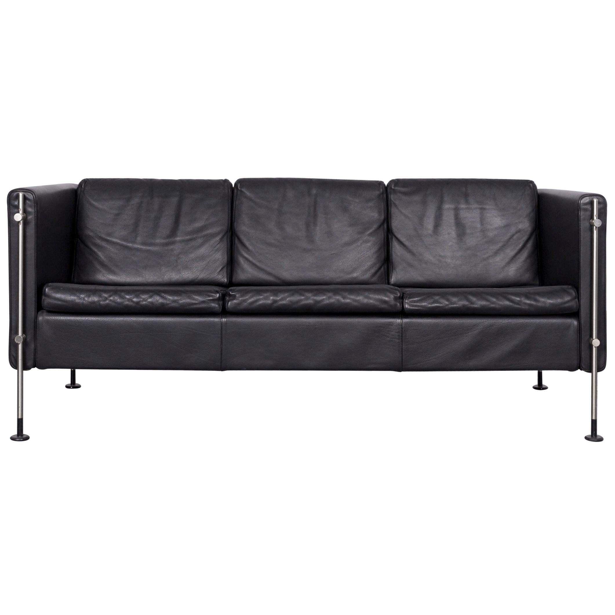 Arflex Felix Leather Sofa Black Three-Seat Chair For Sale