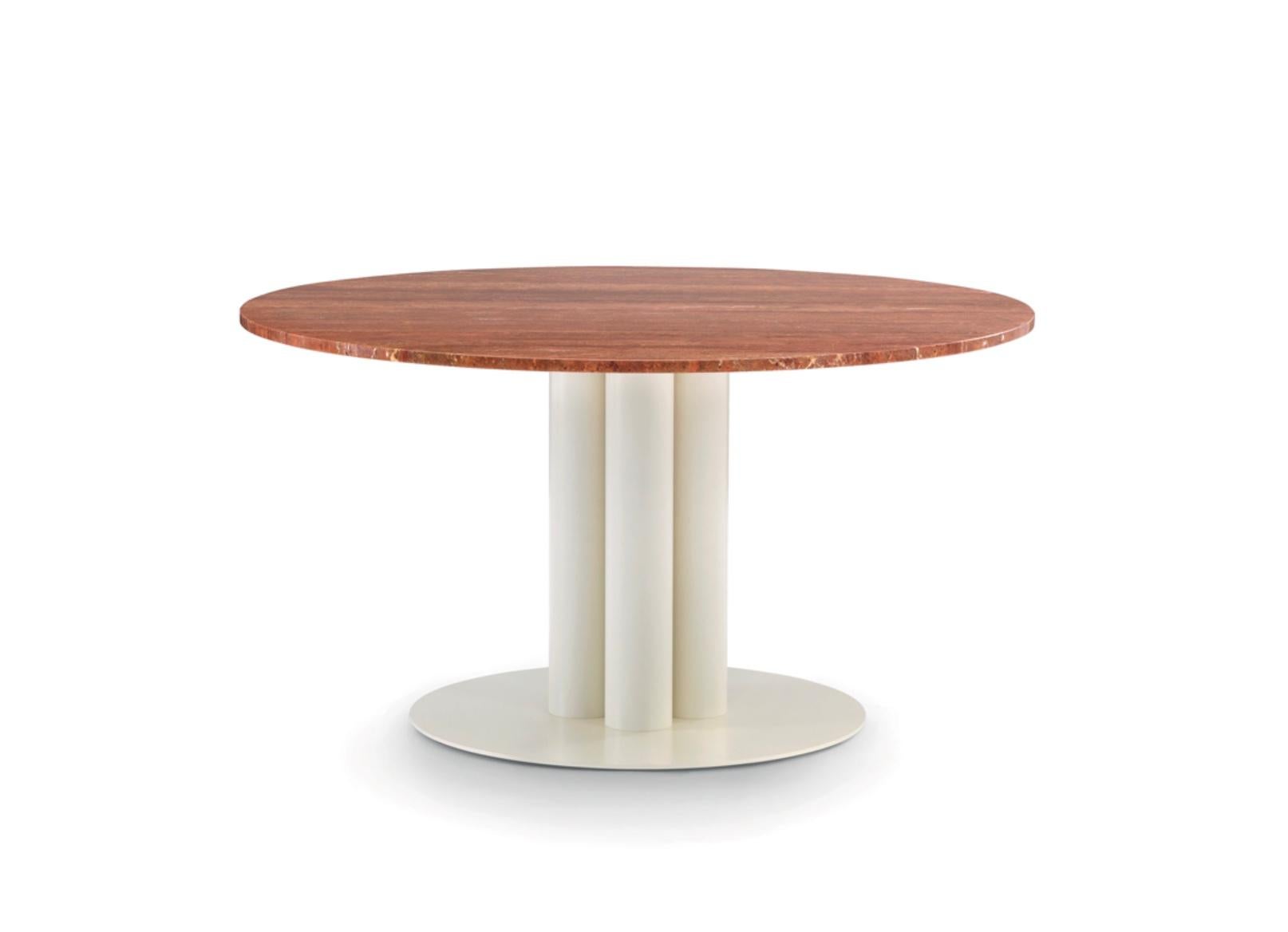 Arflex 'Goya' Dining Table in Lacquered Metal and Red Travertine. New, current production.

160 cm version with top in red travertine / travertino rosso.

Goya is a table with round, essential and simple lines, but with a great visual