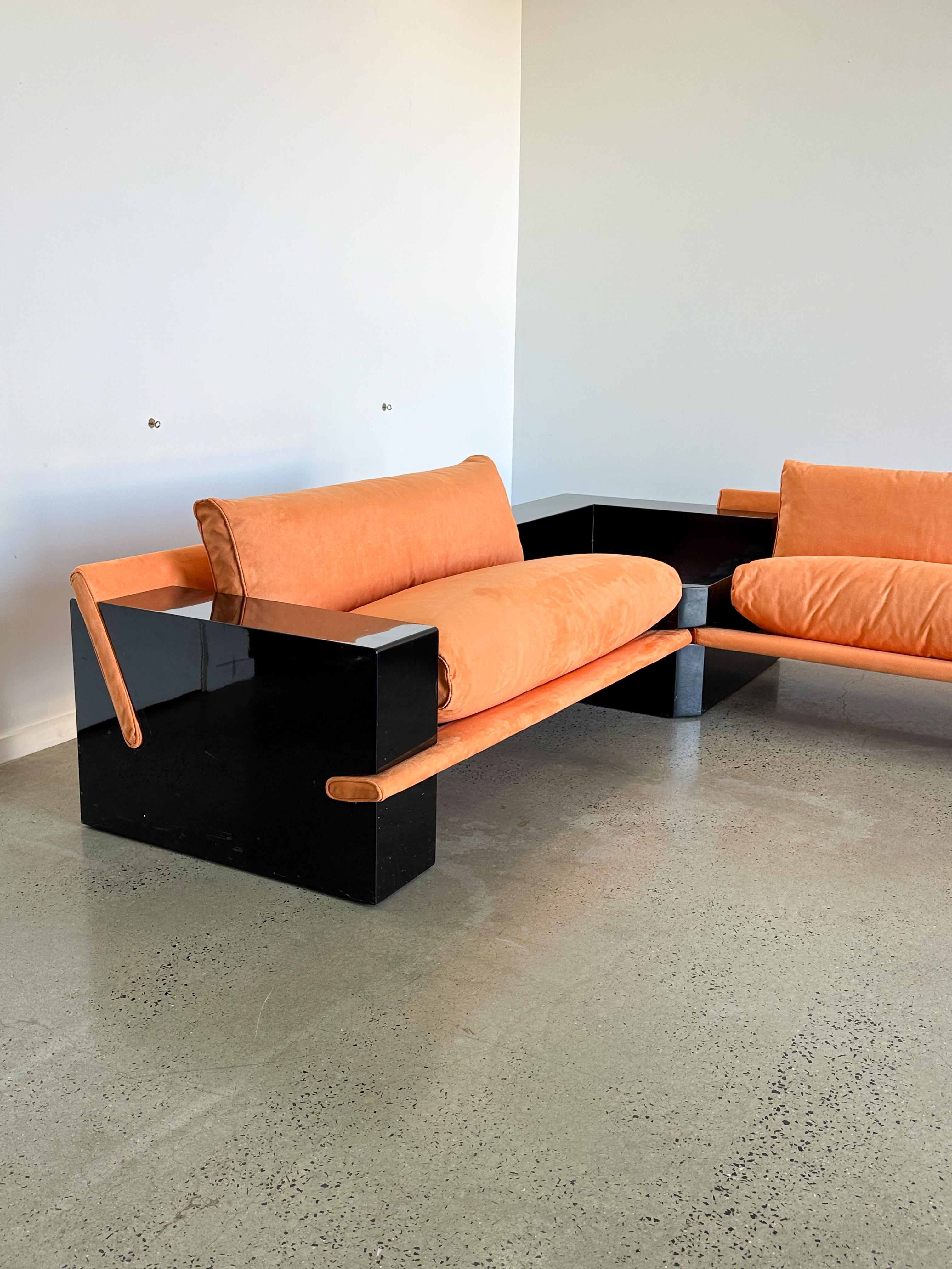 Italian Arflex L Shape Black Lacquered Sofa with Light Suede Orange Cushions  For Sale