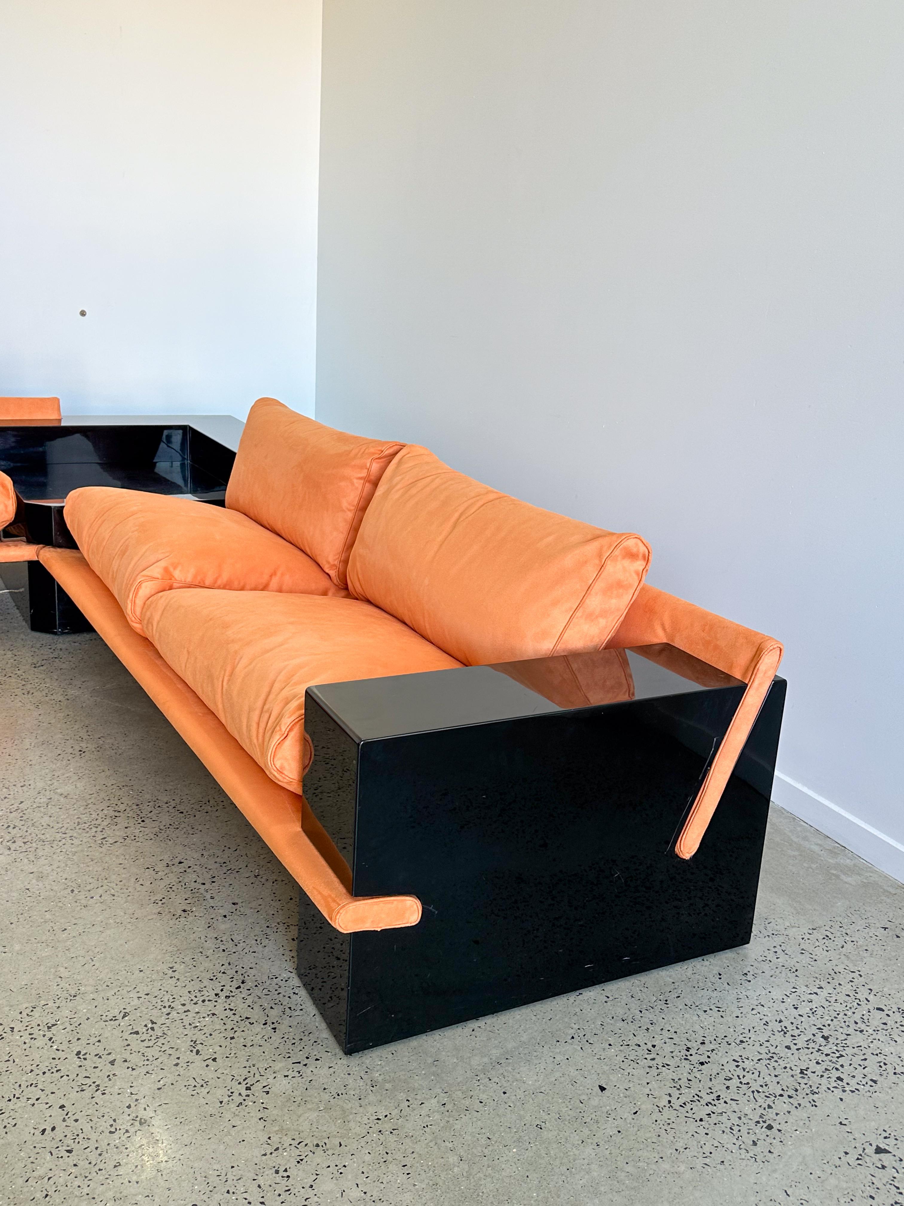 Arflex L Shape Black Lacquered Sofa with Light Suede Orange Cushions  In Good Condition For Sale In Byron Bay, NSW