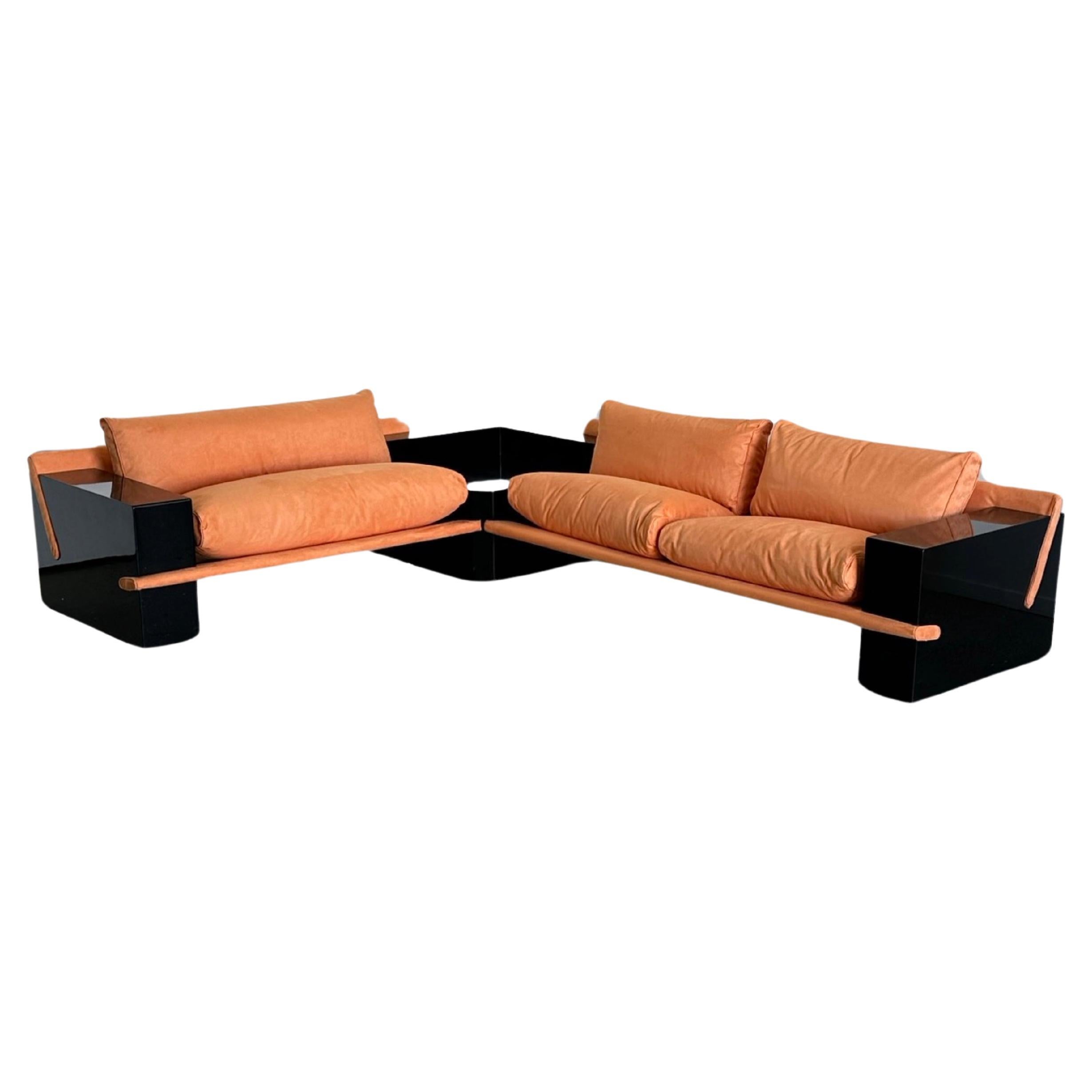 Arflex L Shape Black Lacquered Sofa with Light Suede Orange Cushions  For Sale