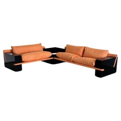 Arflex L Shape Black Lacquered Sofa with Light Suede Orange Cushions 