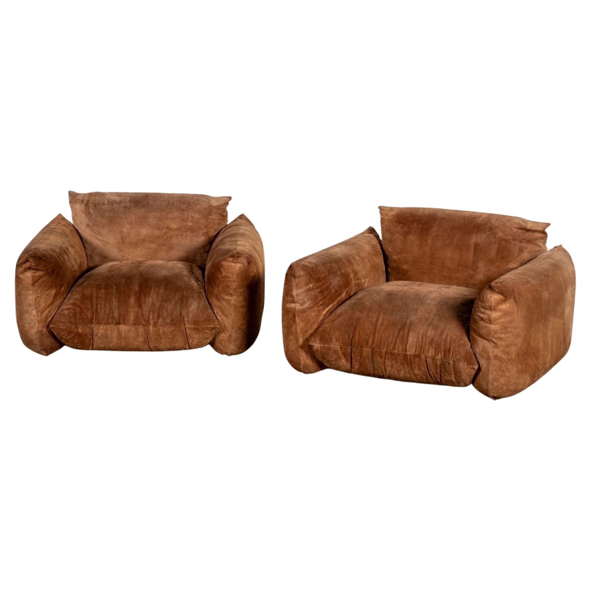 Arflex Pair of Marenco Suede Leather Lounge Chairs by Mario Marenco