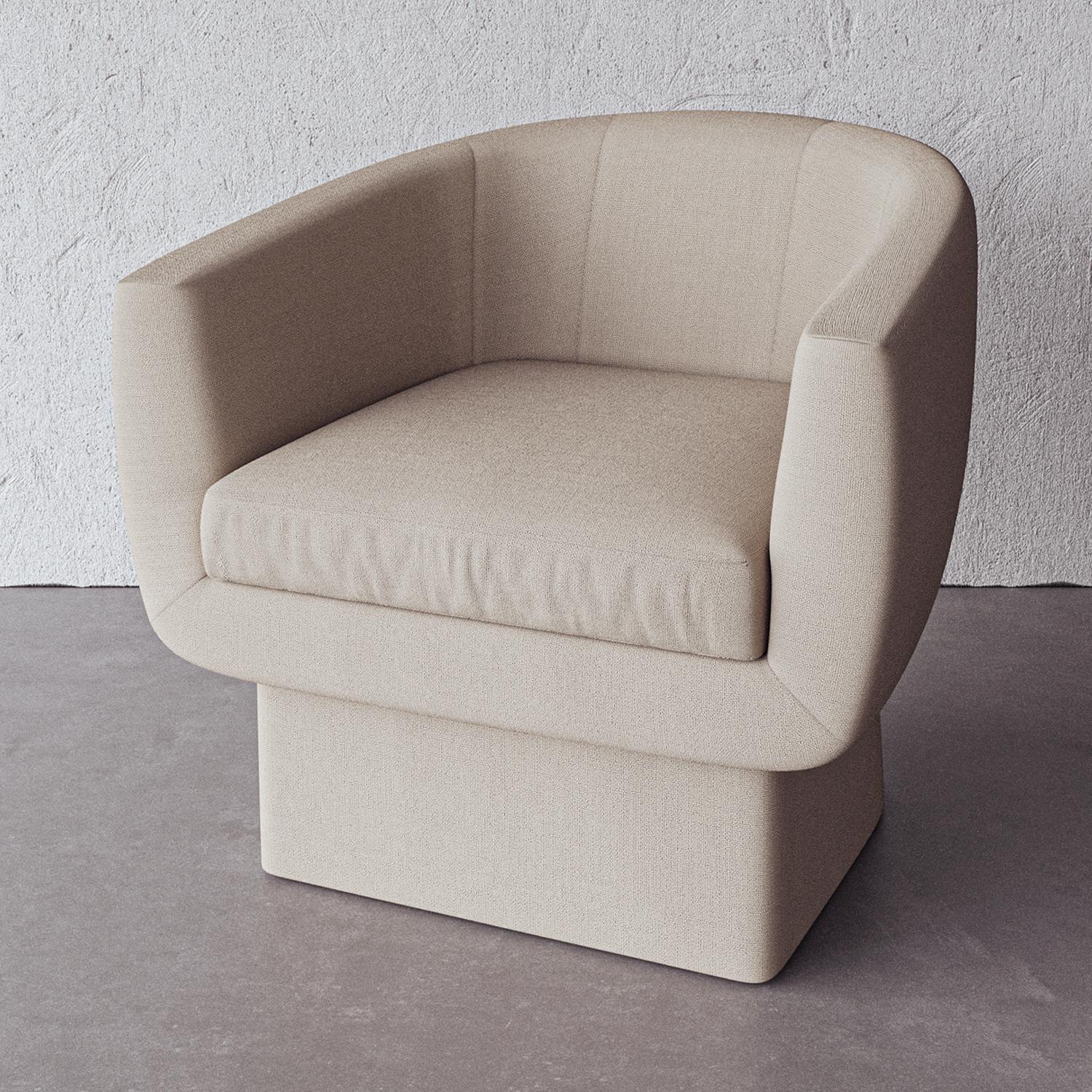 This sculptural cushioned chair features a modern cup-like seat poised atop a pedestal. Available in a variety of custom fabrics. Please note pink chair pictured is the swivel version which has a slightly flared base. Swivel version available in a