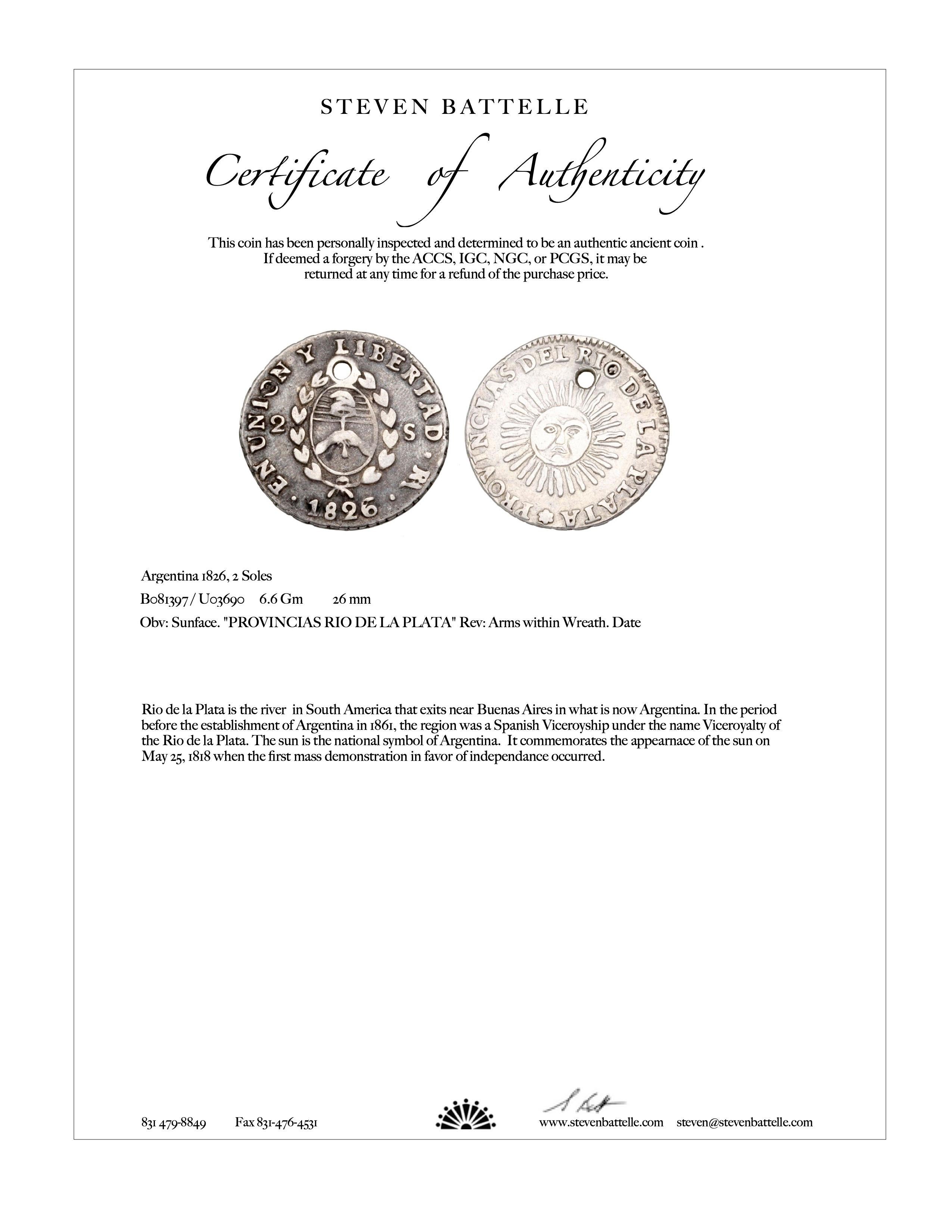 Argentinien 1826 Silber Sonnengesicht Münze Diamant 18k Gold-Anhänger  (Rosenschliff) im Angebot