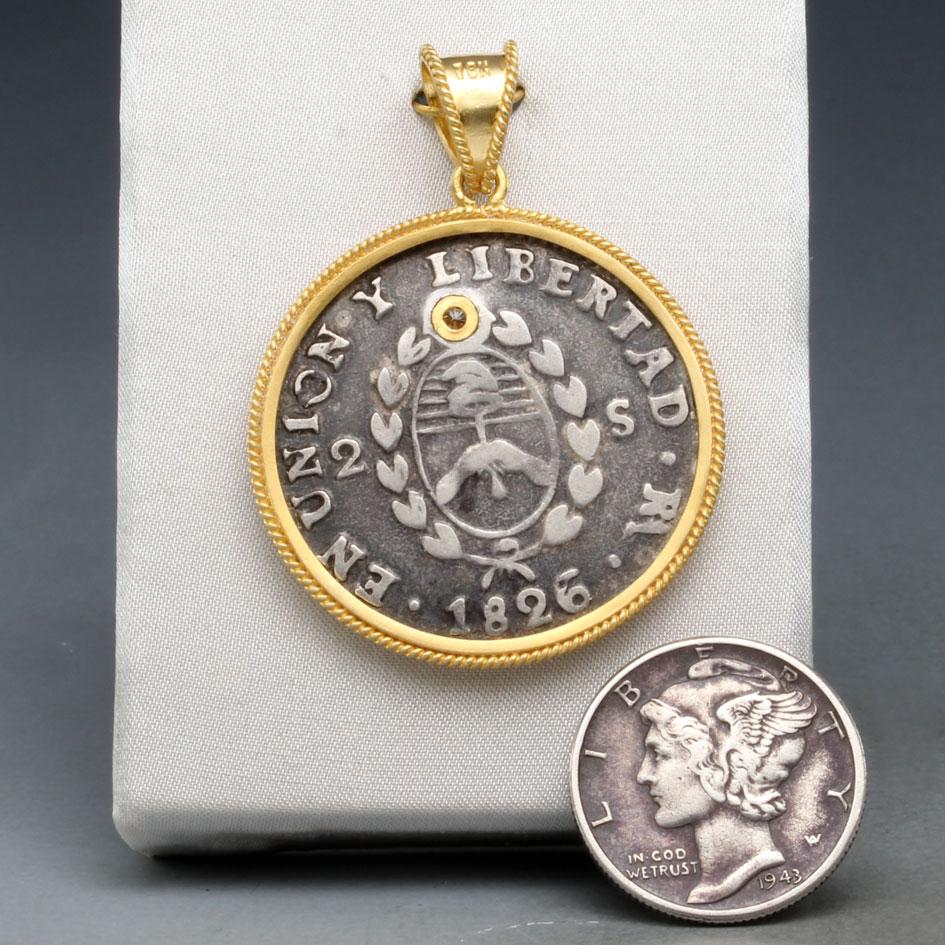Argentina 1826 Silver Sun-Face Coin Diamond 18k Gold Pendentif  Neuf - En vente à Soquel, CA