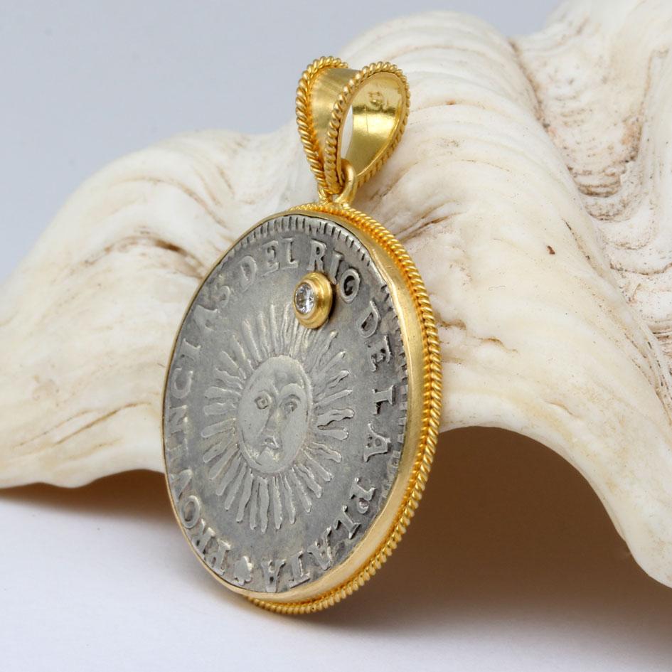 Contemporary Argentina 1826 Silver Sun-Face Coin Diamond 18k Gold Pendant  For Sale
