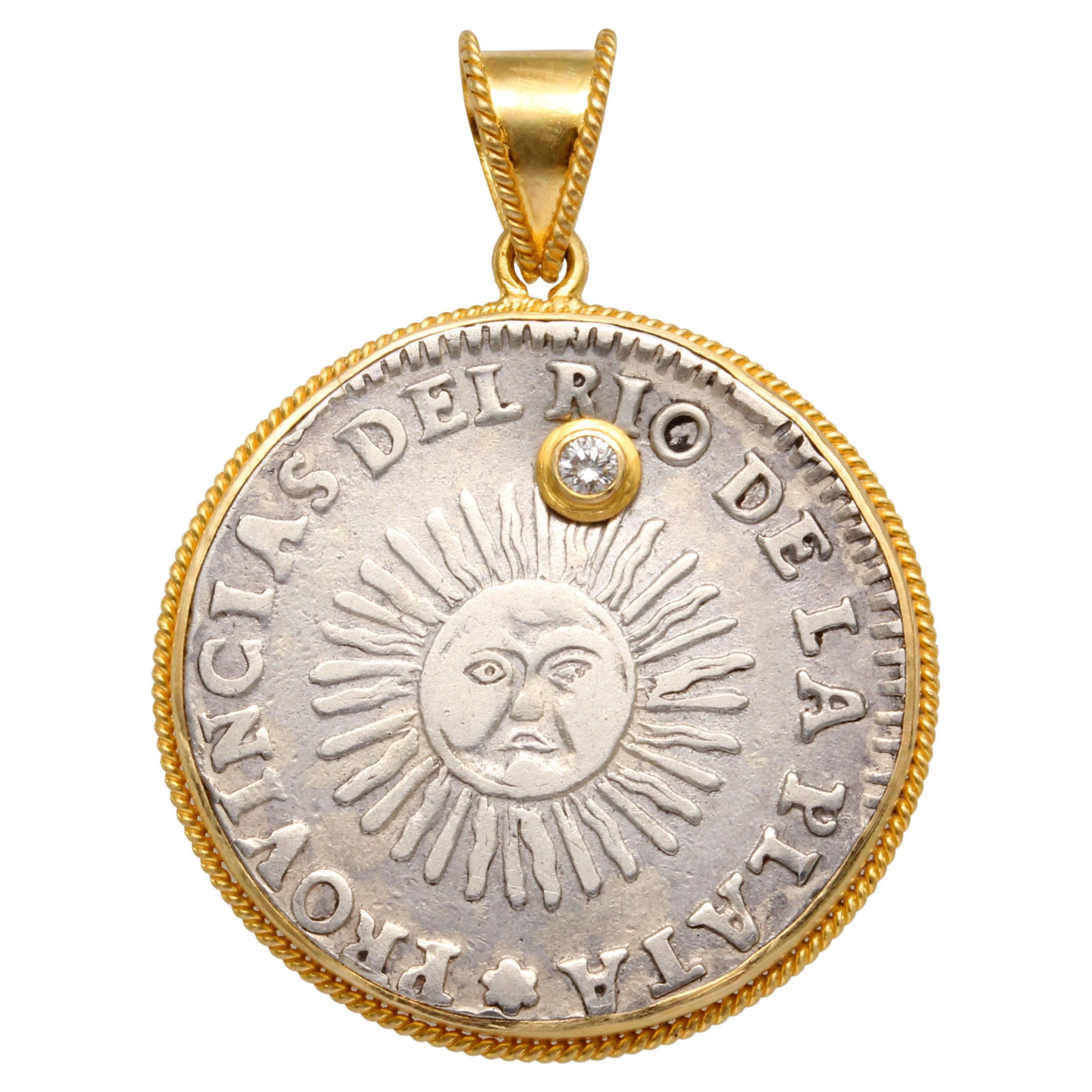 Argentina 1826 Silver Sun-Face Coin Diamond 18k Gold Pendant  For Sale
