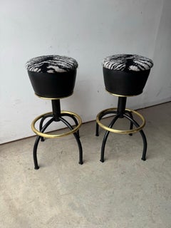 Argentine Designer 1970s, Swivel Barstools Faux Zebra Hide, Brass Footrests Pair