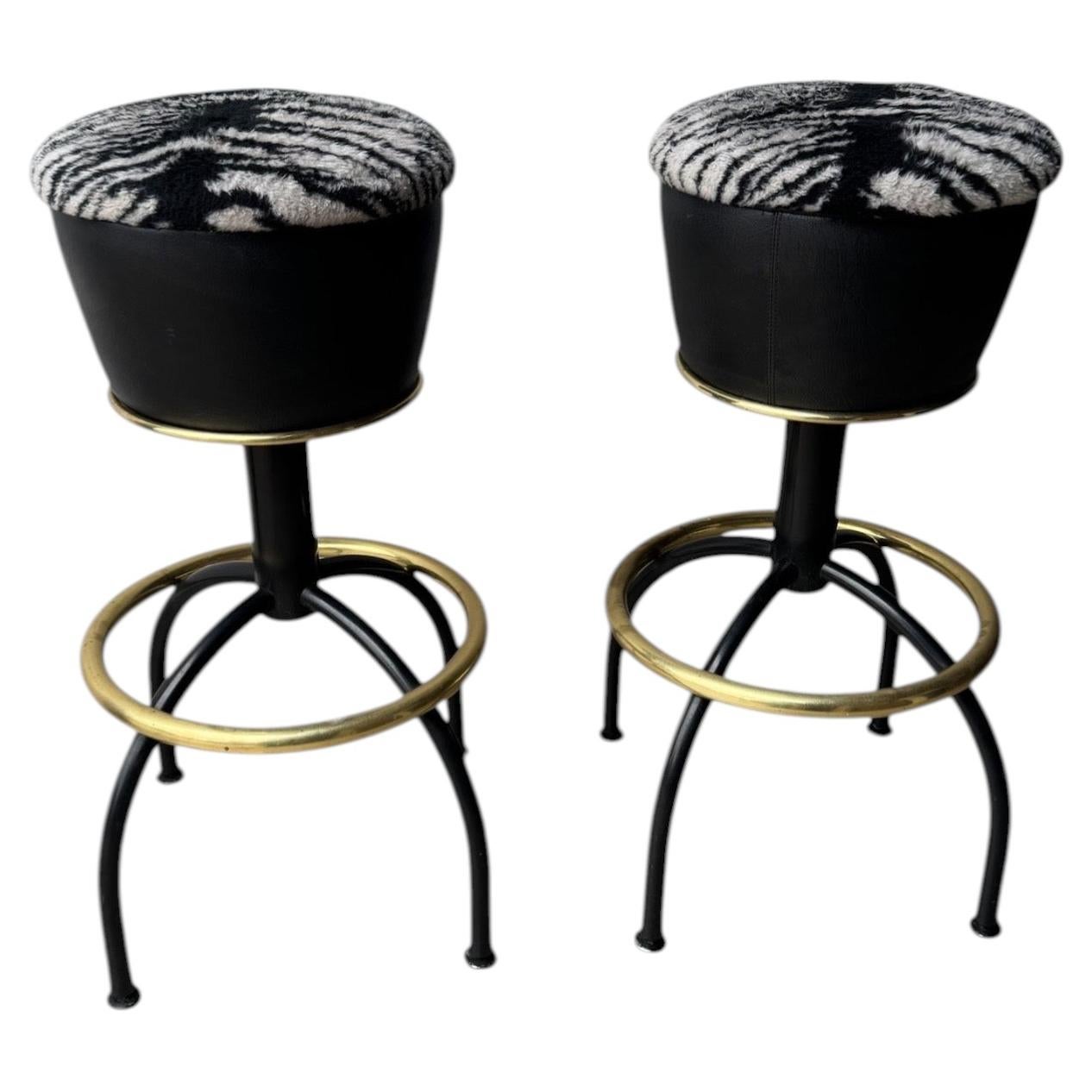 Argentine Designer 1970s, Swivel Barstools Faux Zebra Hide, Brass Footrests Pair For Sale