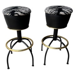 Argentine Designer 1970s, Swivel Barstools Faux Zebra Hide, Brass Footrests Pair