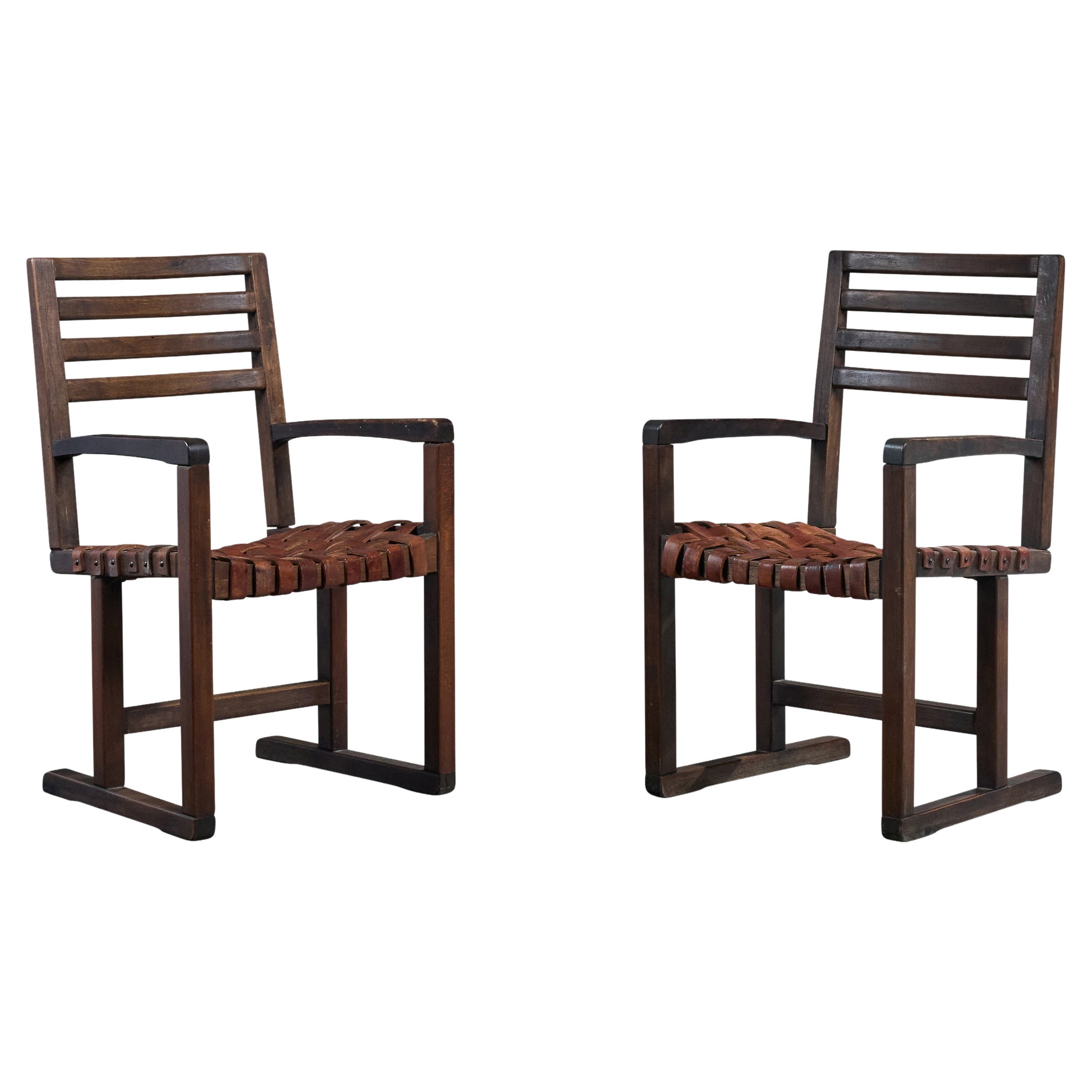 Argentine Designer, Armchairs, Wood, Leather, Argentina, 1970s