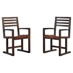 Argentine Designer, Armchairs, Wood, Leather, Argentina, 1970s
