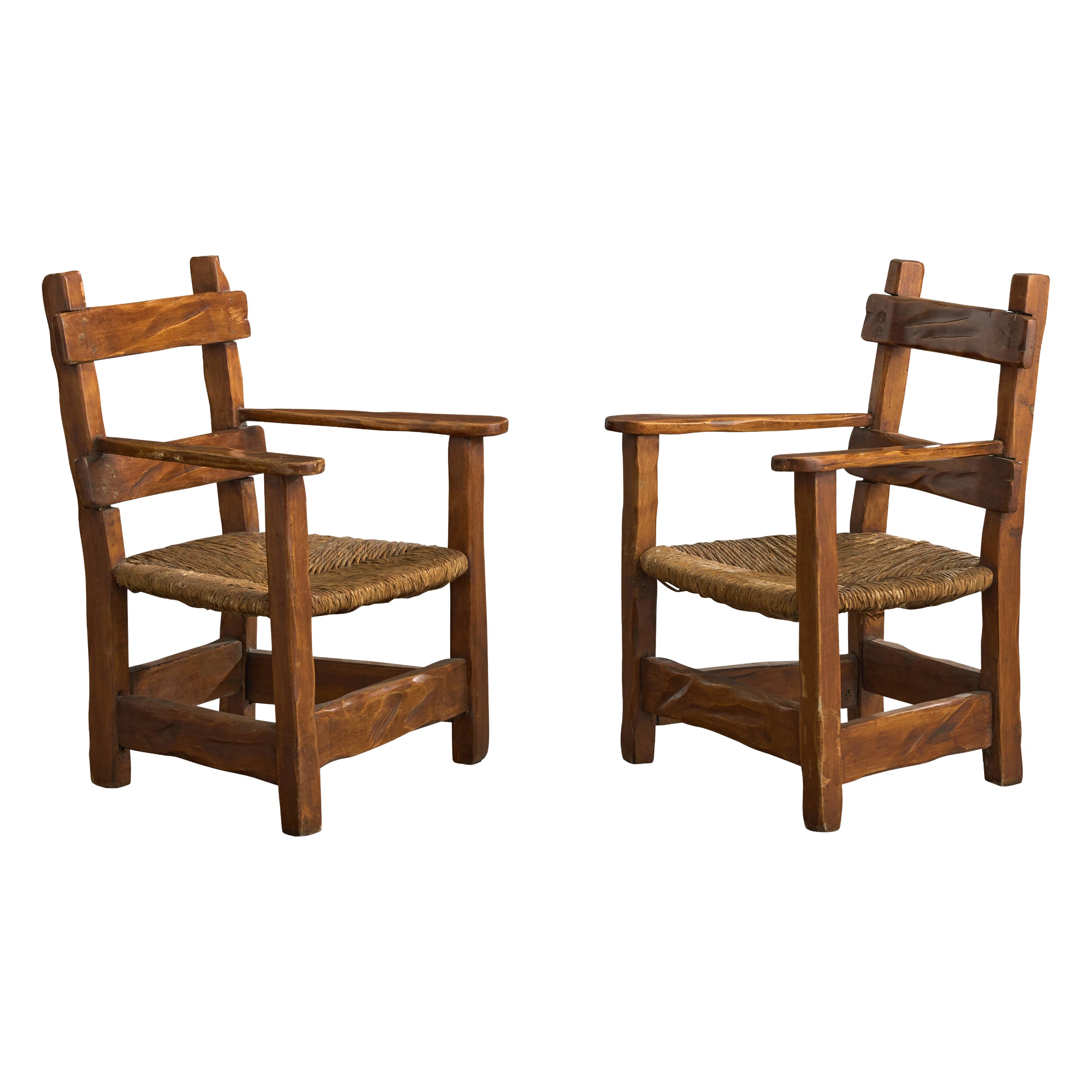 Argentine Designer, Armchairs, Wood, Rush, Argentina, 1950s