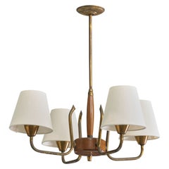 Argentine Designer, Chandelier, Brass, Teak, Fabric, Argentina, 1950s