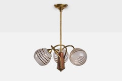 Argentine Designer, Chandelier, Brass, Wood, Glass, Argentina, 1950s