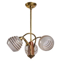 Argentine Designer, Chandelier, Brass, Wood, Glass, Argentina, 1950s