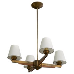 Argentine Designer, Chandelier, Wood, Brass, Fabric, Argentina, 1950s