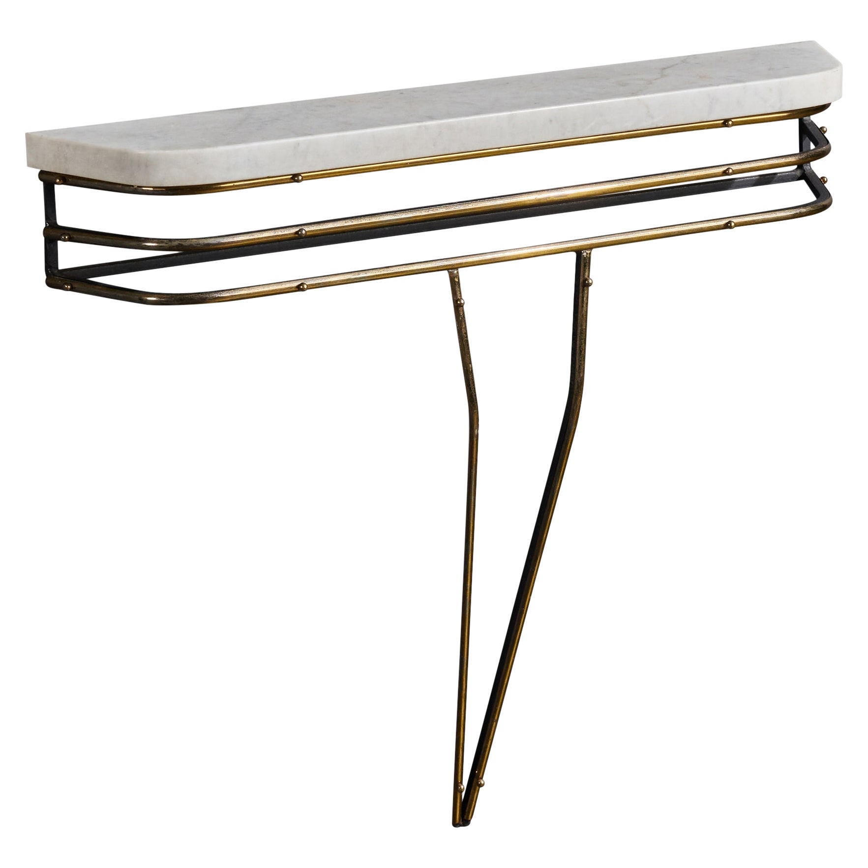 Argentine Designer, Console Table, Brass, Marble, Argentina, 1970s For Sale