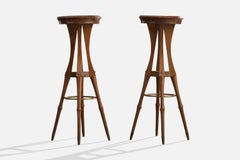 Argentine Designer, Counter Stools, Wood, Brass, Argentina, 1950s