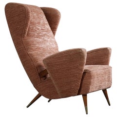 Argentine Designer, Lounge Chair, Fabric, Wood, Brass, Argentina, 1950s