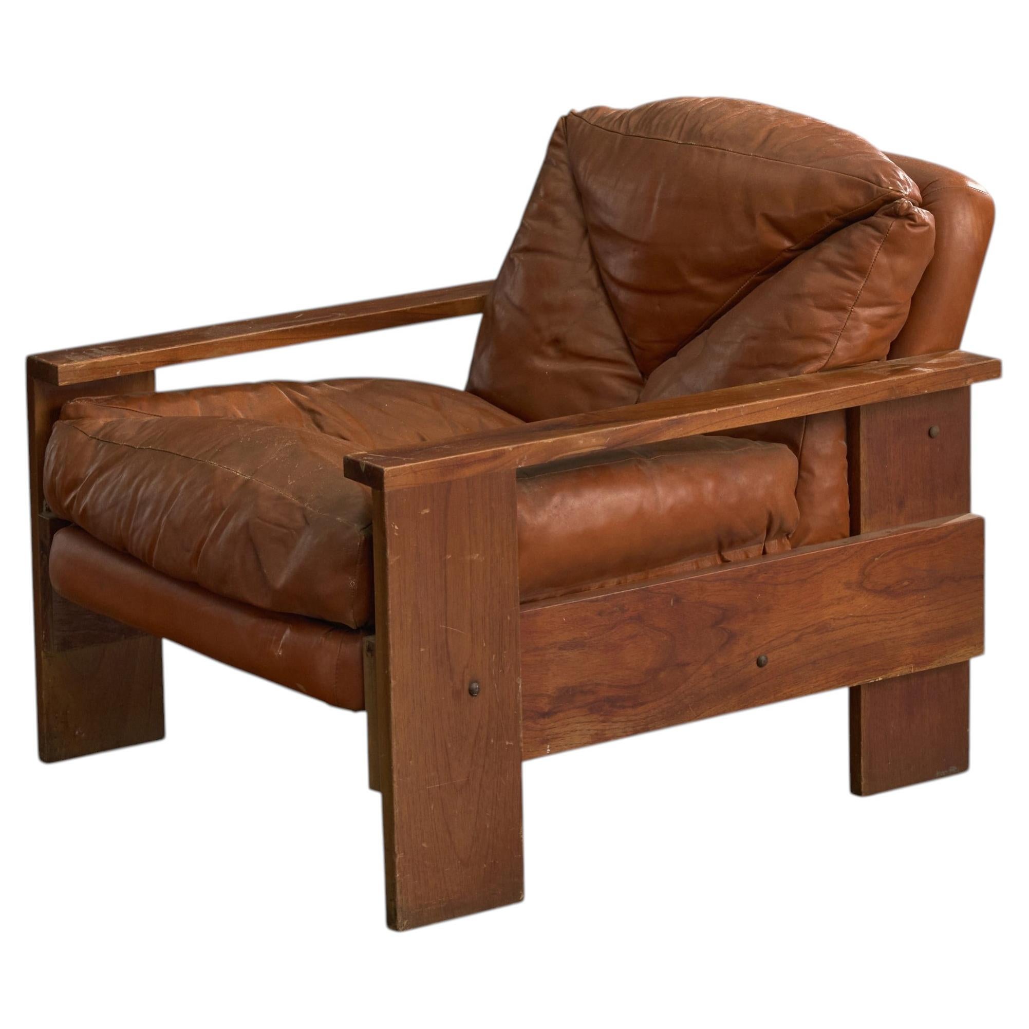 Argentine Designer, Lounge Chair, Wood, Leather, Argentina, 1970s