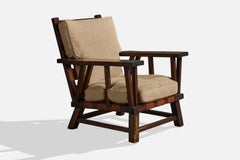 Argentine Designer, Lounge Chair, Wood, Leather, Fabric, Argentina, 1970s