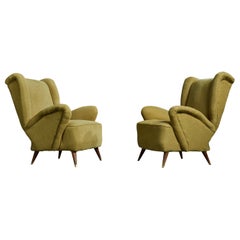 Argentine Designer, Lounge Chairs, Fabric, Wood, Brass, Argentina, 1950s