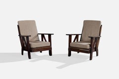 Argentine Designer, Lounge Chairs, Oak, Fabric, Argentina, 1960s