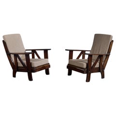 Argentine Designer, Lounge Chairs, Oak, Fabric, Argentina, 1960s