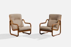 Argentine Designer, Lounge Chairs, Oak, Fabric, Argentina, 1970s