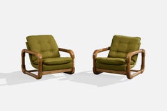 Argentine Designer, Lounge Chairs, Oak, Fabric, Argentina, 1970s