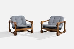 Argentine Designer, Lounge Chairs, Oak, Fabric, Argentina, 1970s