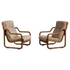 Argentine Designer, Lounge Chairs, Oak, Fabric, Argentina, 1970s