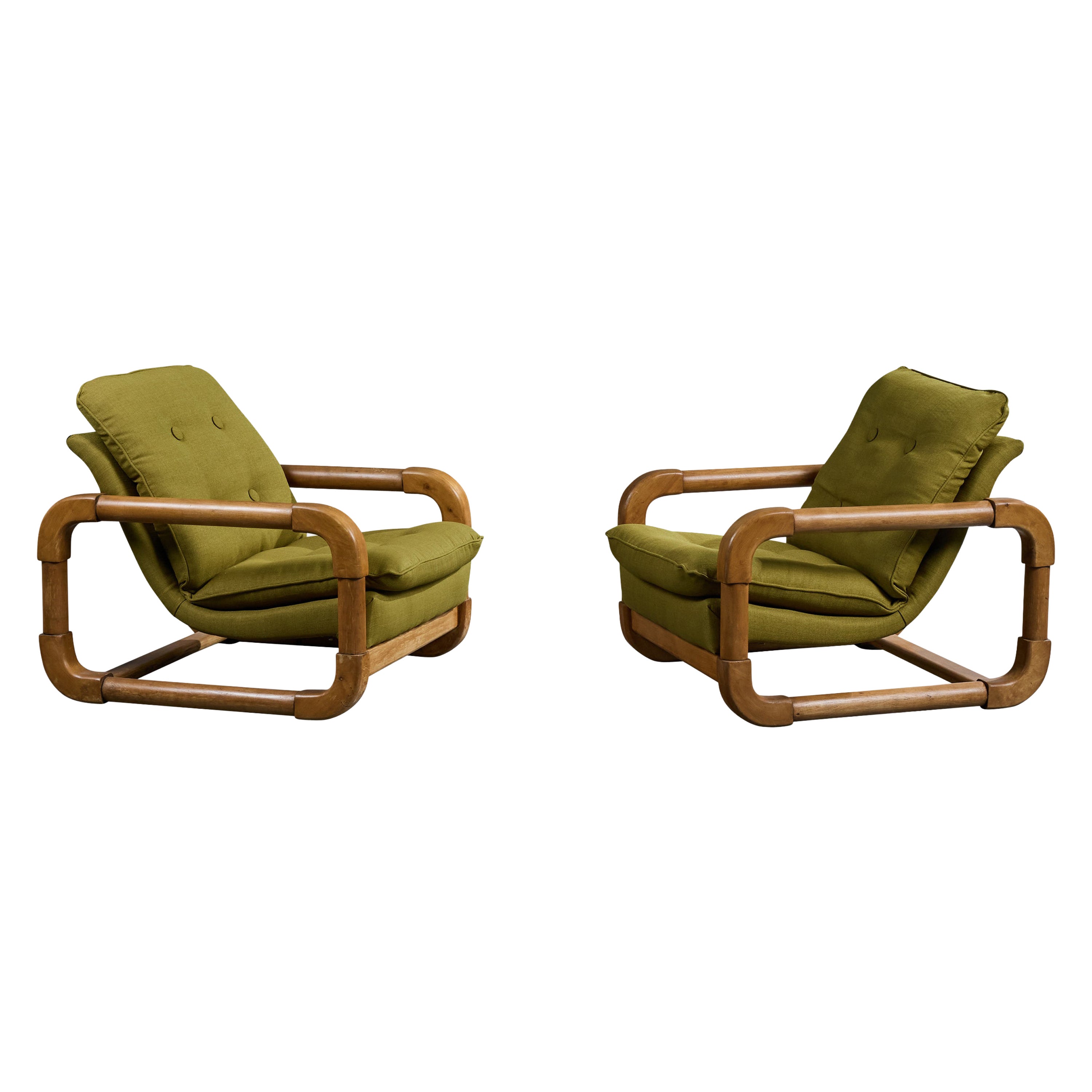 Argentine Designer, Lounge Chairs, Oak, Fabric, Argentina, 1970s For Sale