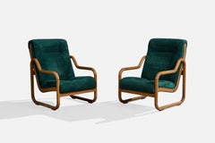 Argentine Designer, Lounge Chairs, Oak, Velvet, Argentina, 1970s