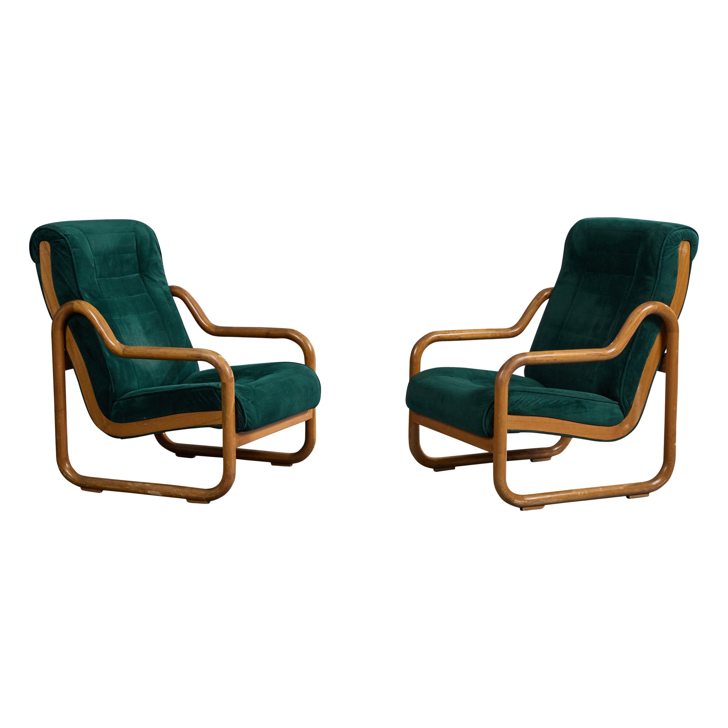 Argentine Designer, Lounge Chairs, Oak, Velvet, Argentina, 1970s