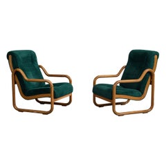 Argentine Designer, Lounge Chairs, Oak, Velvet, Argentina, 1970s