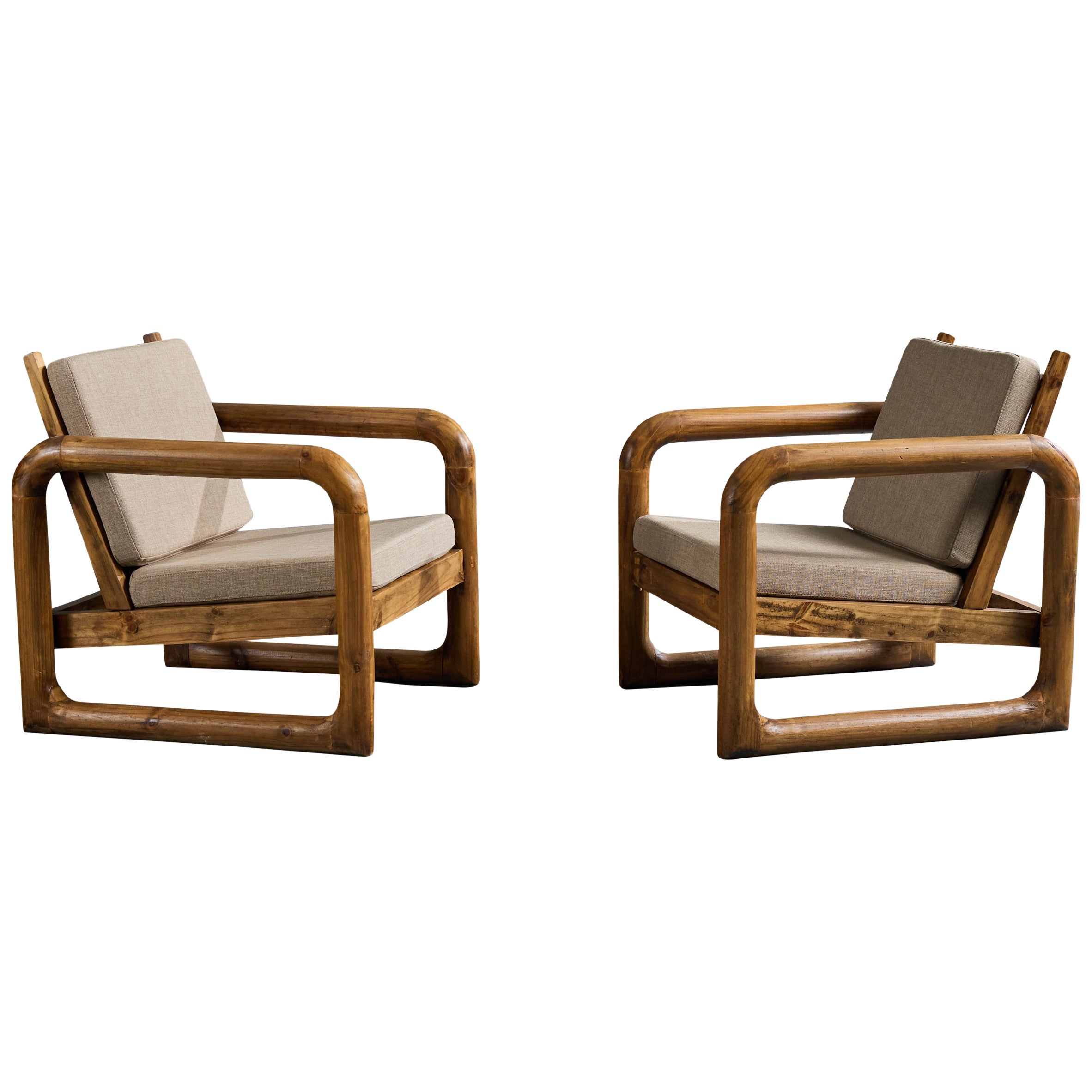 Argentine Designer, Lounge Chairs, Pine, Fabric, Argentina, 1970s