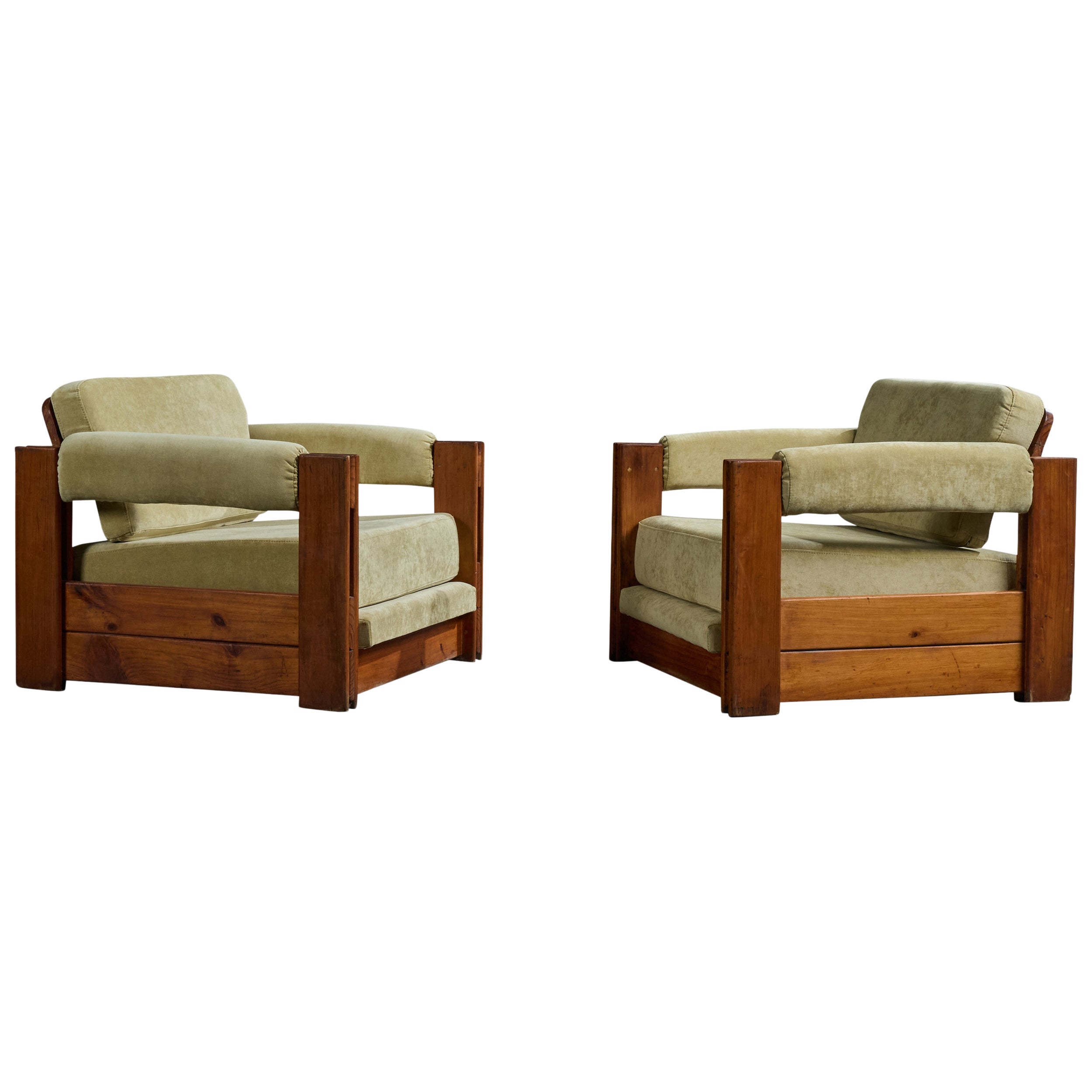Argentine Designer, Lounge Chairs, Pine, Fabric, Argentina, 1970s