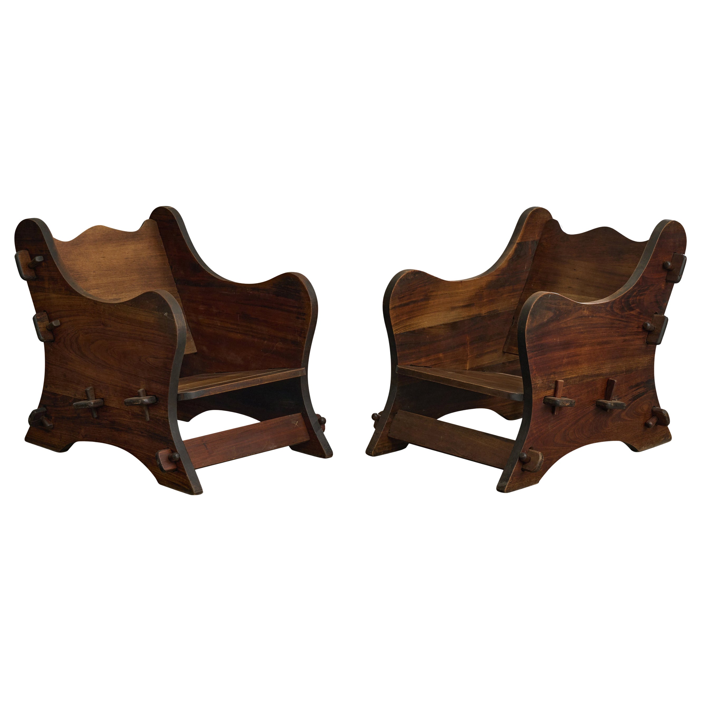 Argentine Designer, Lounge Chairs, Wood, Argentina, 1970s